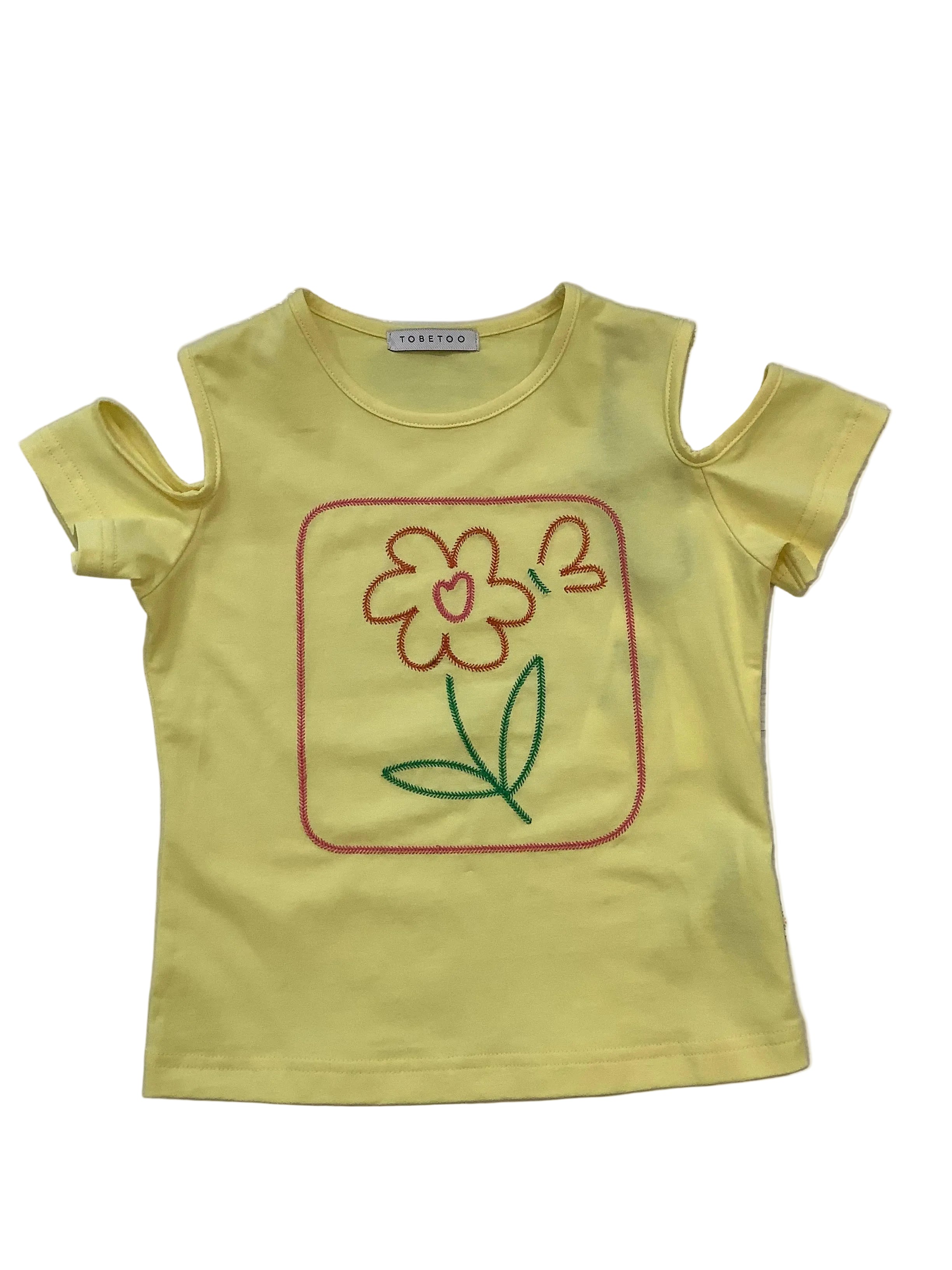 T- shirt gialla con ricamo fiore manica corta bambina - tobetoo