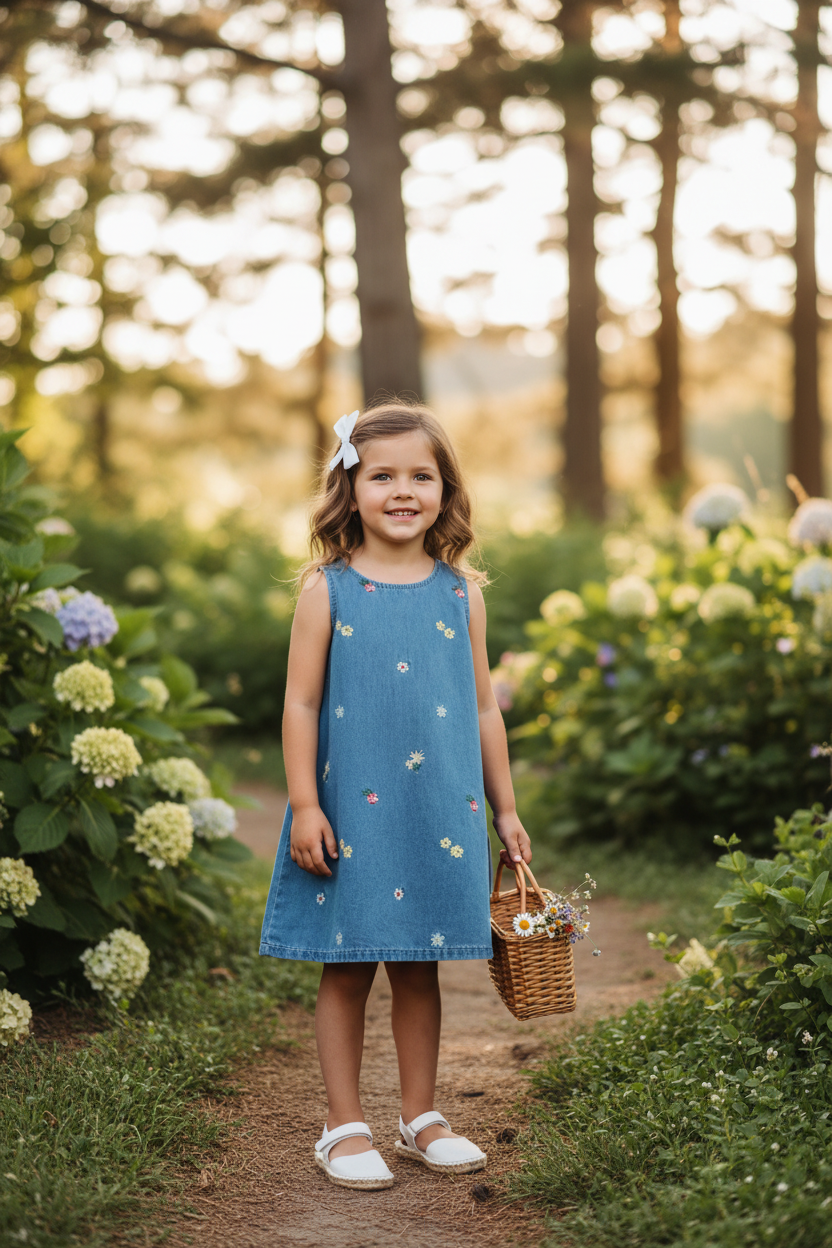Abito bambina in jeans con ricamo fiori